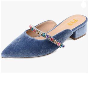 FYS Blue Rhinestone Mules Pointed Toe Slip on Slippers Chunky Low Heel Sandals